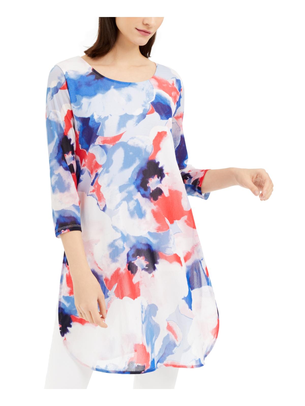 Alfani Women's Sheer Color Block 3/4 Sleeve Jewel Neck Top Blue Size X-Large