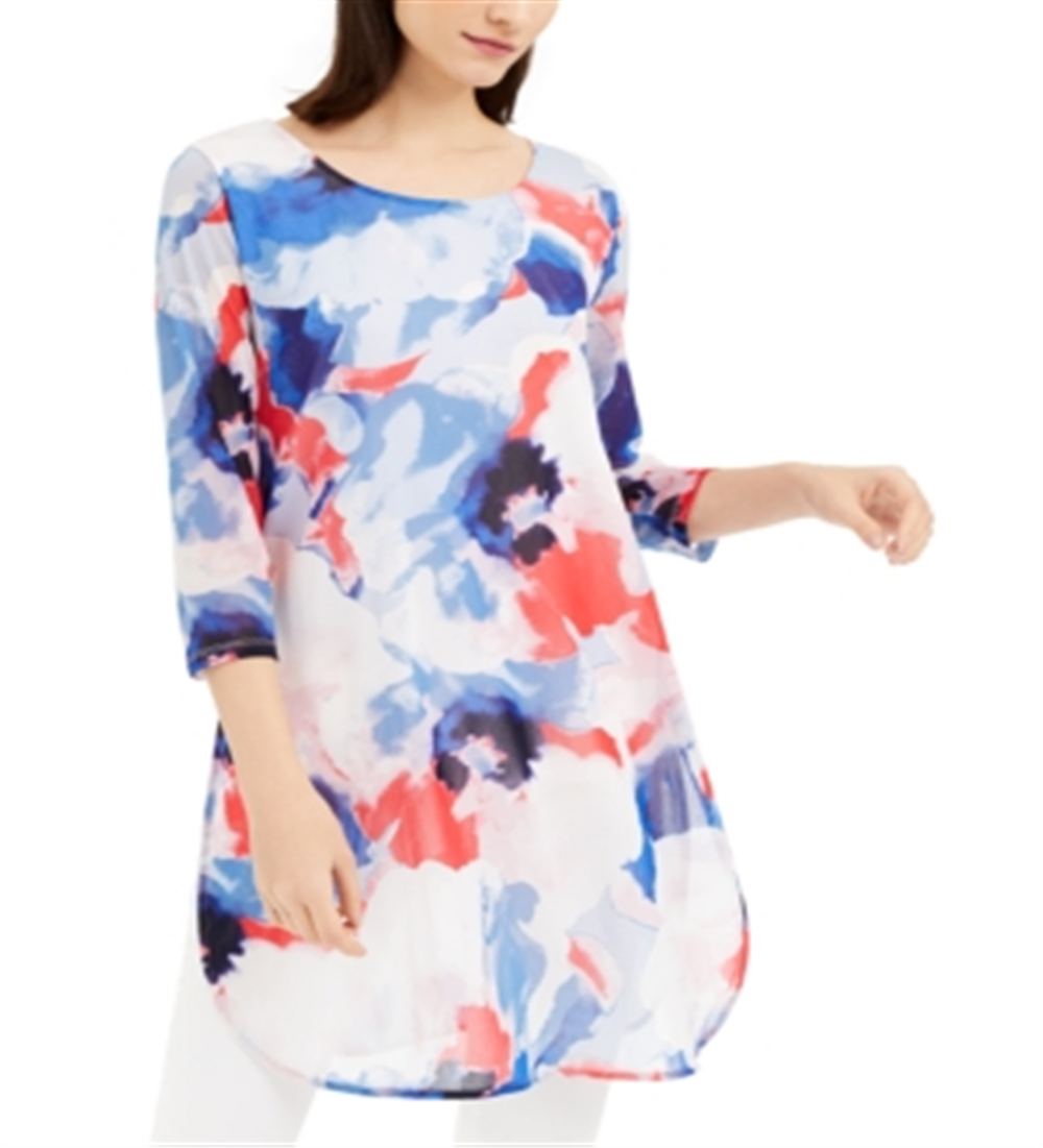 Alfani Women's Sheer Color Block 3/4 Sleeve Jewel Neck Top Blue Size X-Large