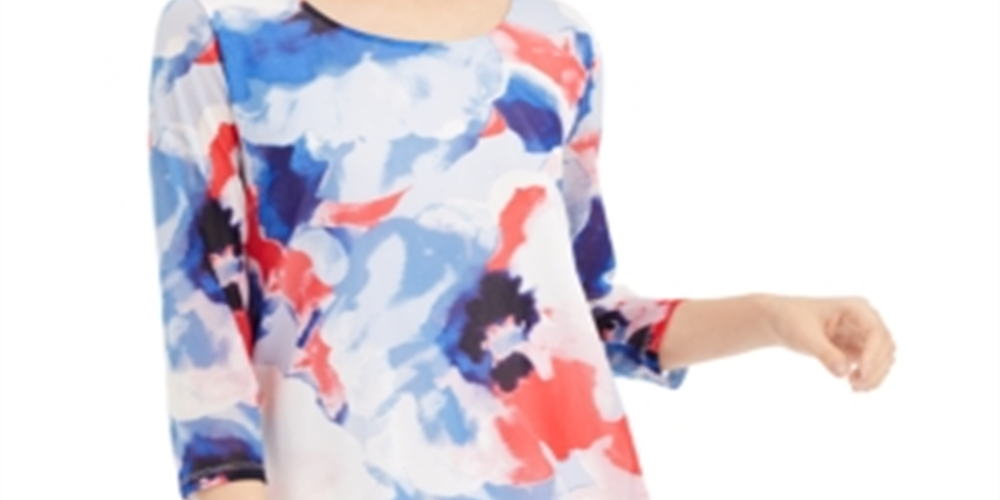 Alfani Women's Sheer Color Block 3/4 Sleeve Jewel Neck Top Blue Size X-Large