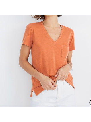 Style & Co Women's Cuffed Sleeves Heather Short Sleeve V Neck T-Shirt Orange Size Petite X-Large