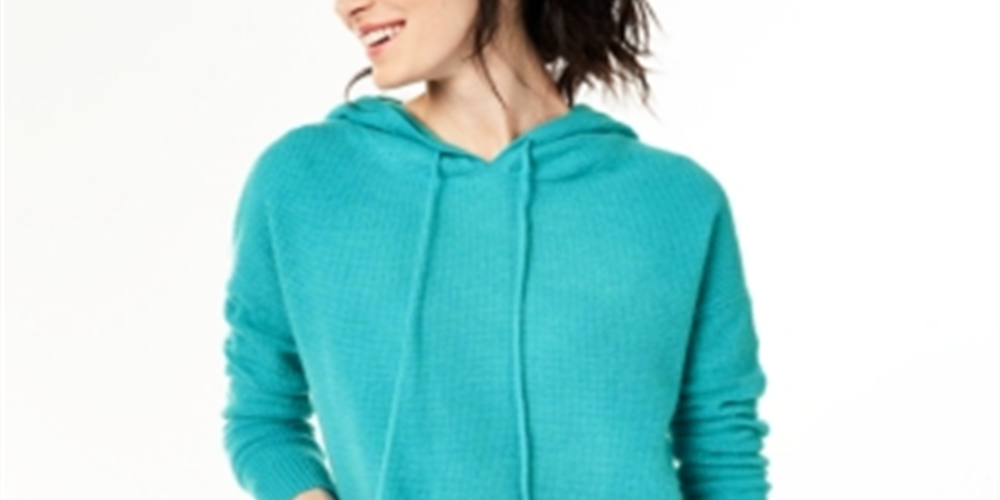 Charter Club Women's Cashmere Thermal Hoodie Sweater Blue Size X-Large