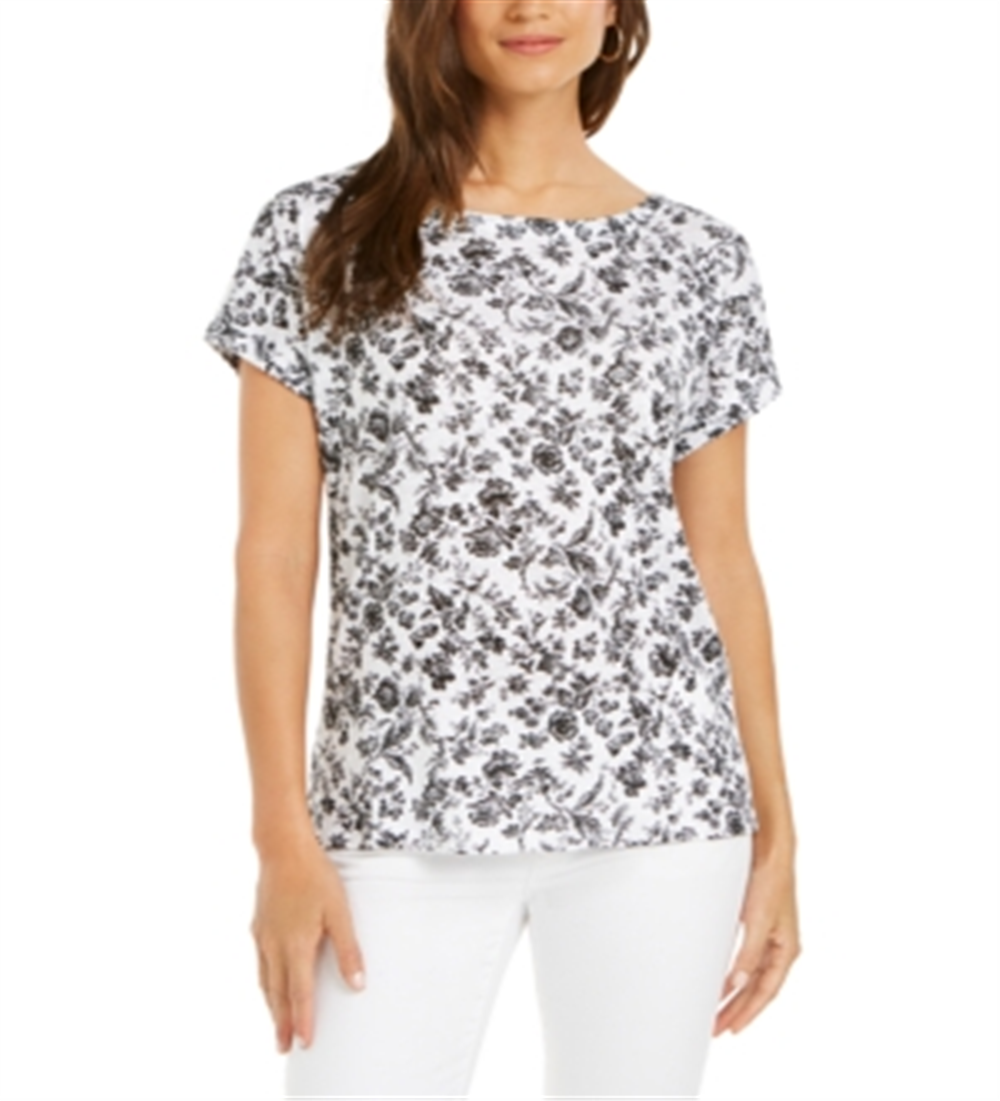 Charter Club Women's Linen Floral Print Boat Neck Top Black Size Medium