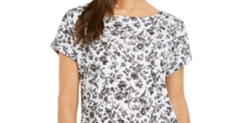Charter Club Women's Linen Floral Print Boat Neck Top Black Size Medium