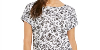 Charter Club Women's Linen Floral Print Boat Neck Top Black Size Medium