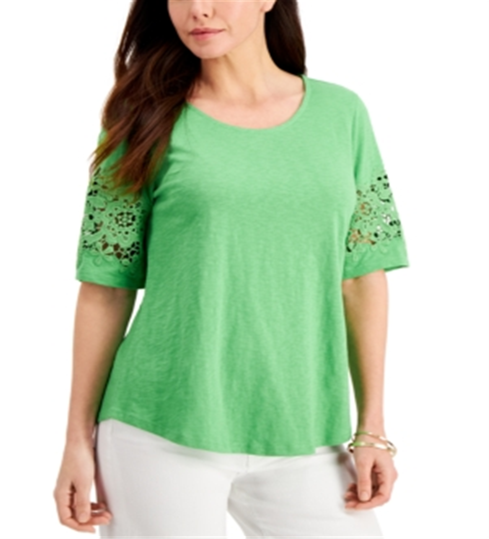 Charter Club Women's Cotton Lace-Trimmed Top Green Size Medium