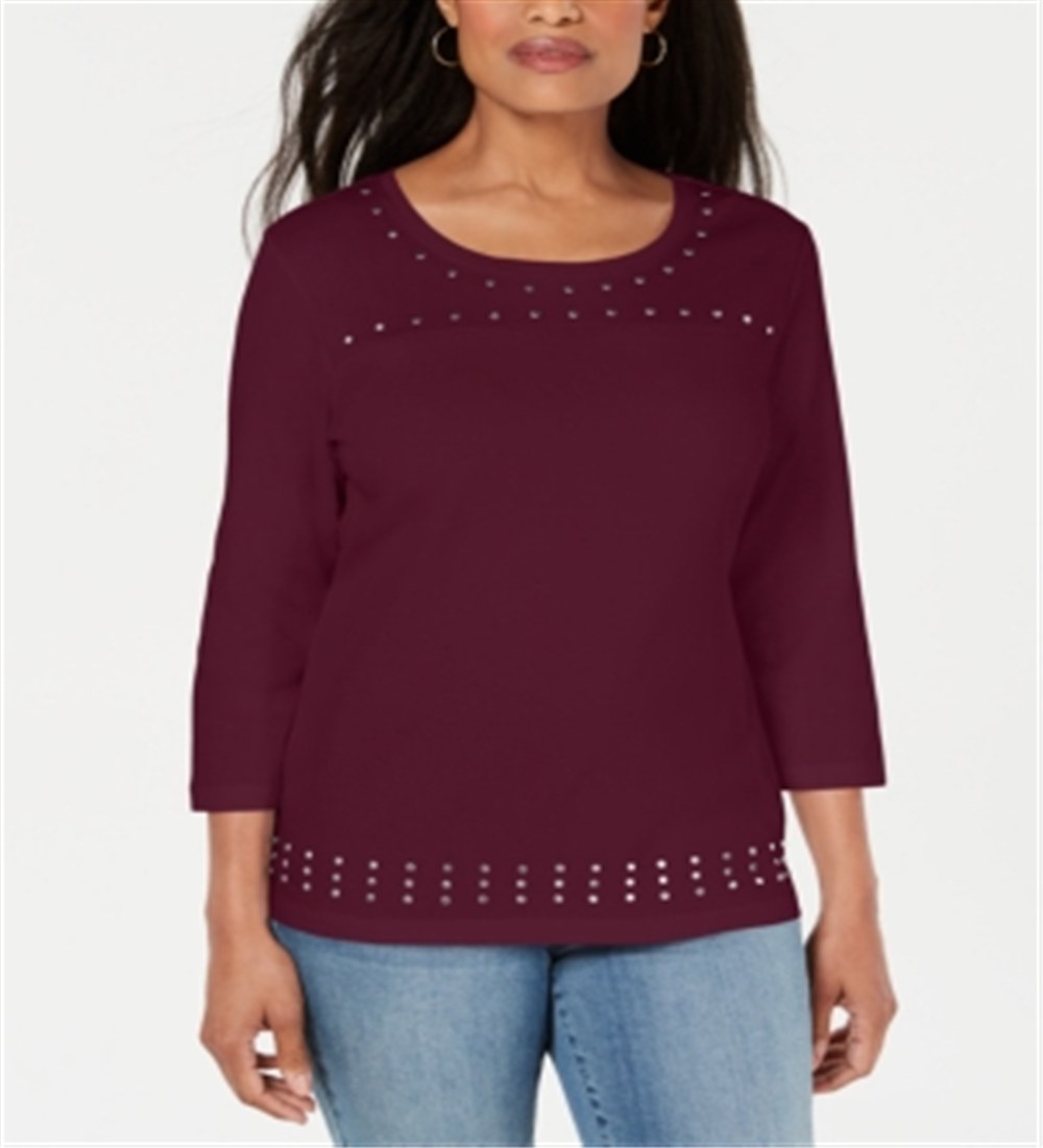 Karen Scott Women's Embellished Long Sleeve Jewel Neck Blouse Red Size Small