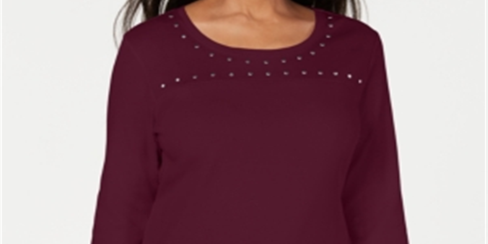 Karen Scott Women's Embellished Long Sleeve Jewel Neck Blouse Red Size Small