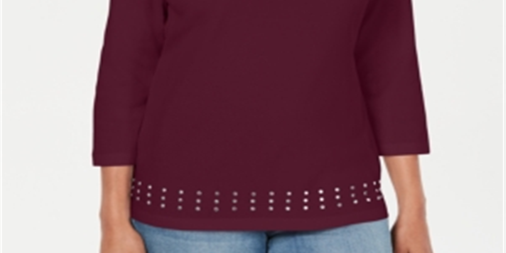 Karen Scott Women's Embellished Long Sleeve Jewel Neck Blouse Red Size Small