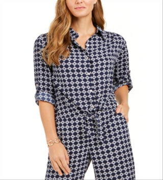 Charter Club Women's Printed Tie Front Woven Top Blue Size X-Large
