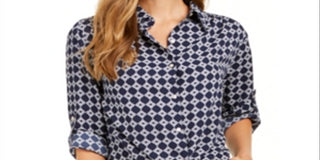 Charter Club Women's Printed Tie Front Woven Top Blue Size X-Large