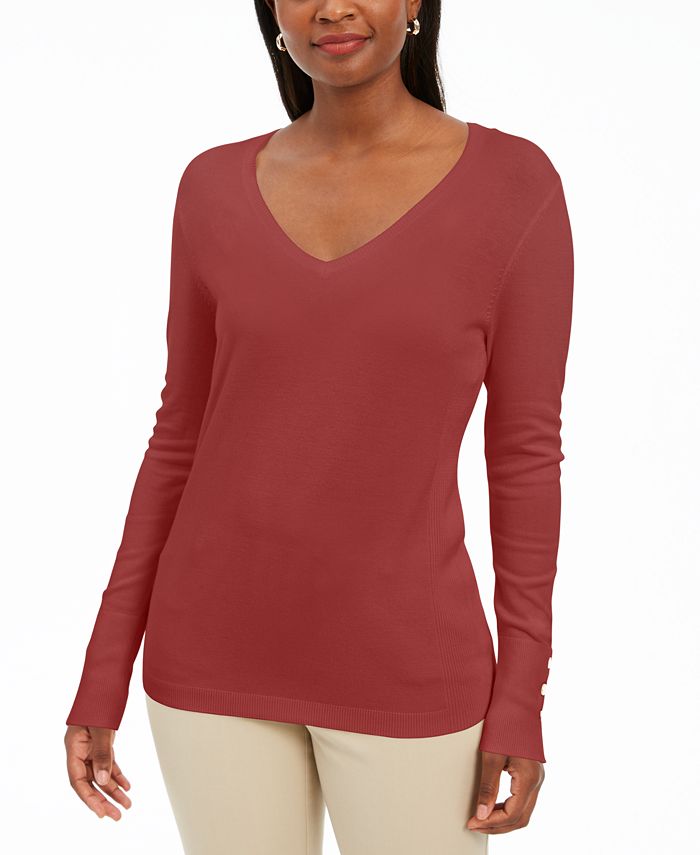 JM Collection Women's Embellished Sleeve V Neck Sweater Red Size Medium