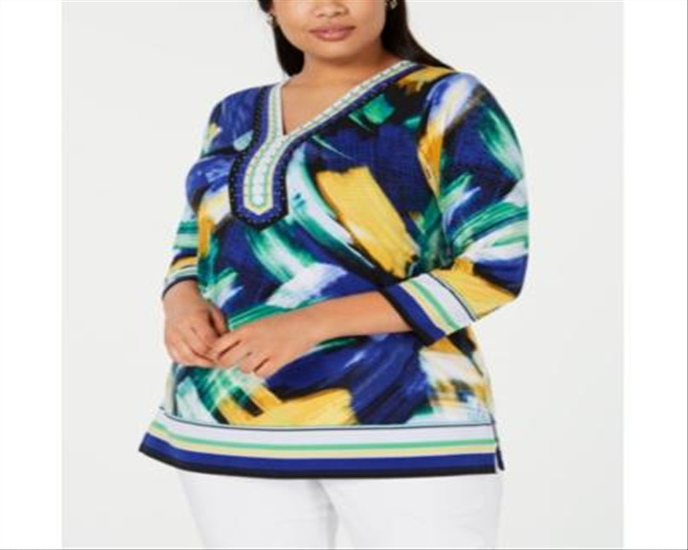 JM Collection Women's Embellished V Neck Tunic Top Blue Size 1X