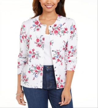 Karen Scott Women's Floral Print Button Cardigan White Size X-Small