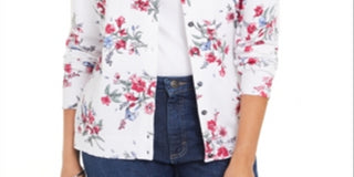 Karen Scott Women's Floral Print Button Cardigan White Size X-Small