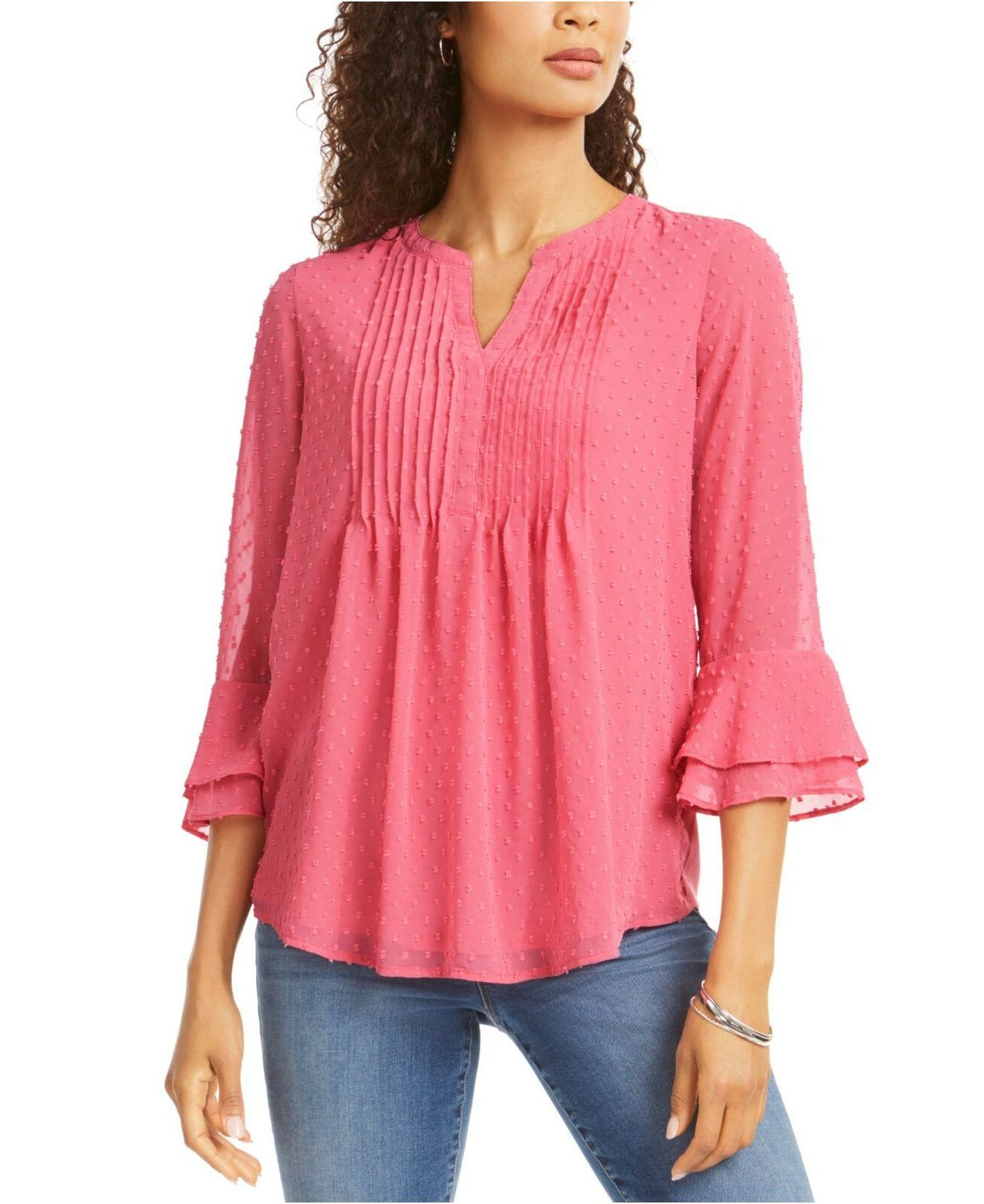 Charter Club Women's Double Ruffle Textured Pintuck Top Pink Size M