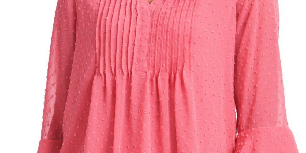 Charter Club Women's Double Ruffle Textured Pintuck Top Pink Size M