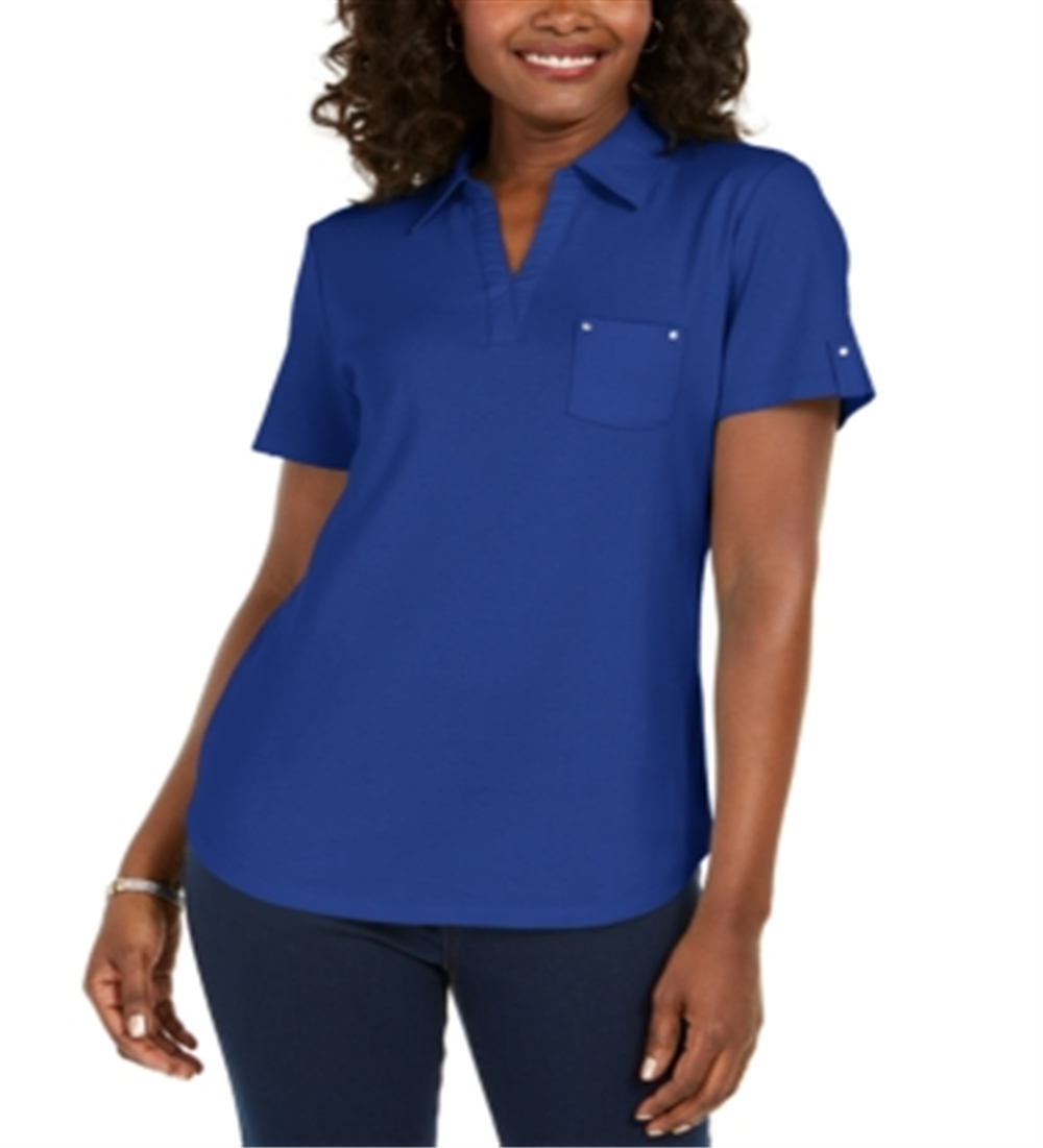 Karen Scott Women's Solid Collared Polo Top Blue Size Small
