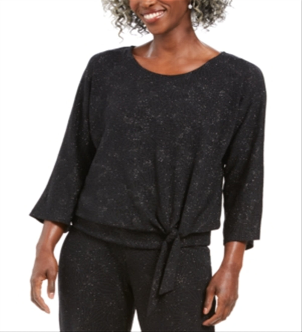 JM Collection Women's Metallic Tie Front Top Black Size 2XL