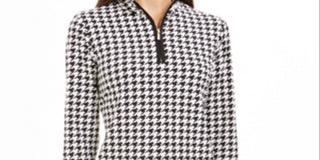 Charter Club Women's Houndstooth Print Zippered Top Black Size L