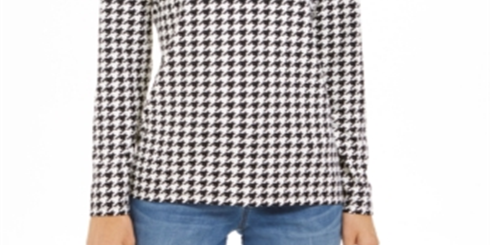 Charter Club Women's Houndstooth Print Zippered Top Black Size L