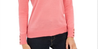 Charter Club Women's Merino Wool Button Cuff Crewneck Sweater Pink Size 2 Extra Large