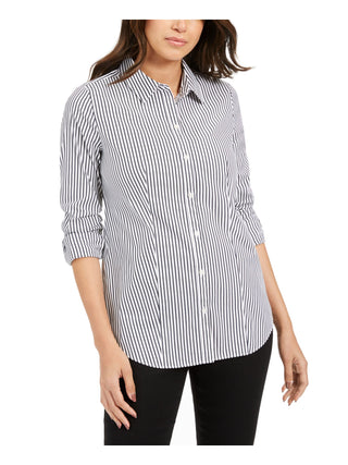 Charter Club Women's Striped Cuffed Collared Button up Top Black Size 14
