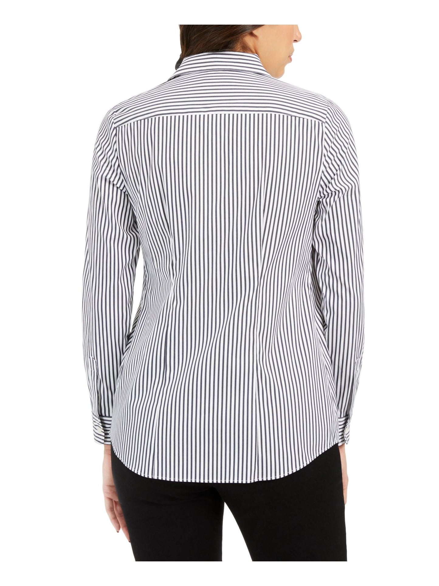 Charter Club Women's Striped Cuffed Collared Button up Top Black Size 14