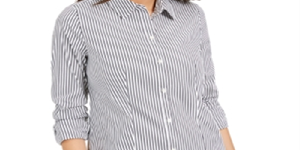 Charter Club Women's Striped Cuffed Collared Button up Top Black Size 14
