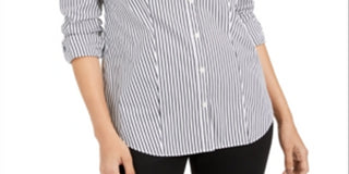 Charter Club Women's Striped Cuffed Collared Button up Top Black Size 14