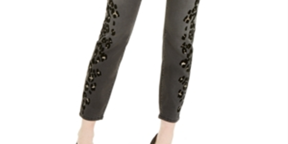 INC International Concepts Women's Flocked Leopard Print Skinny Jeans Black Size 0