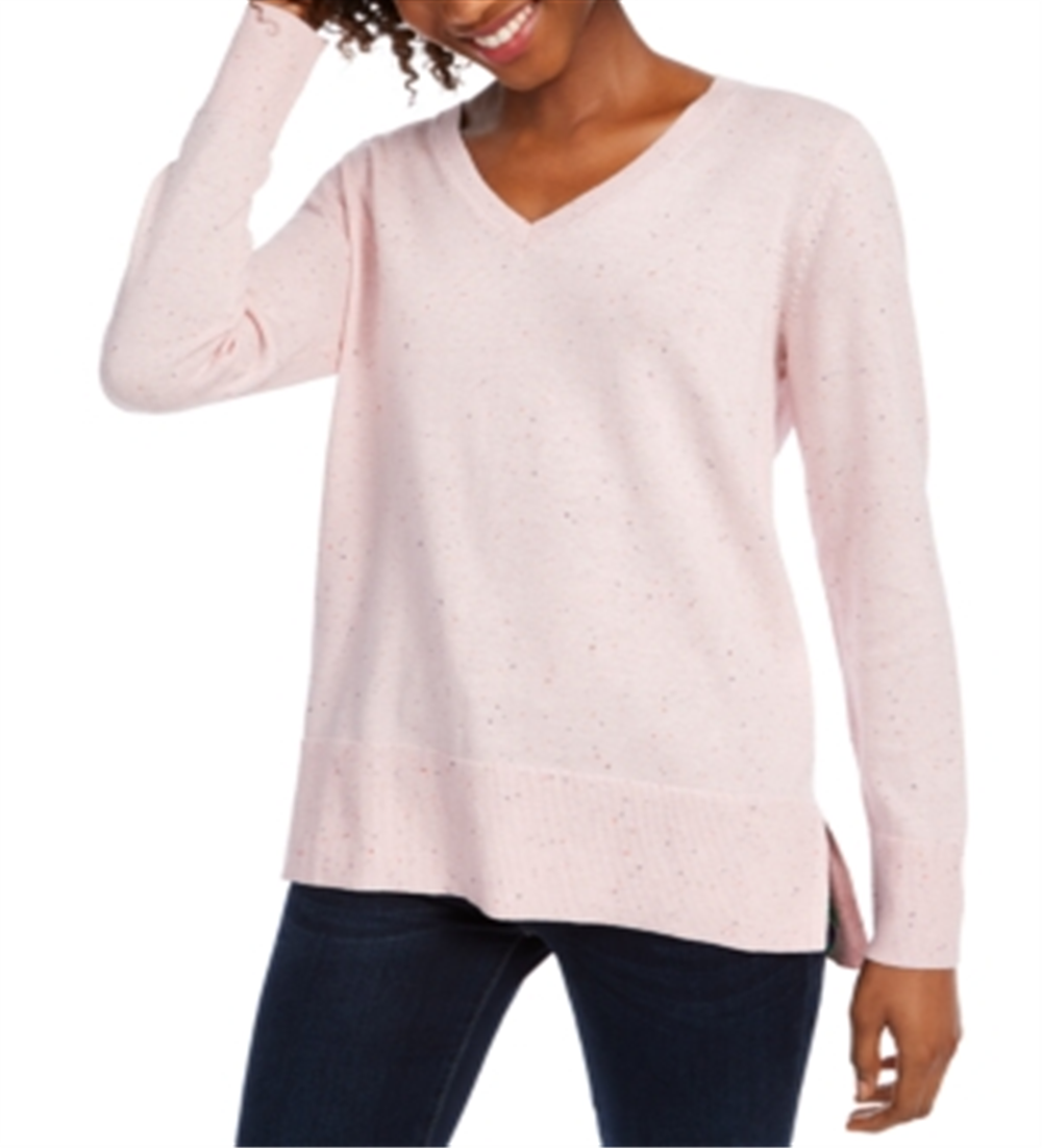 Maison Jules Women's Cotton V Neck Tunic Sweater Pink Size S