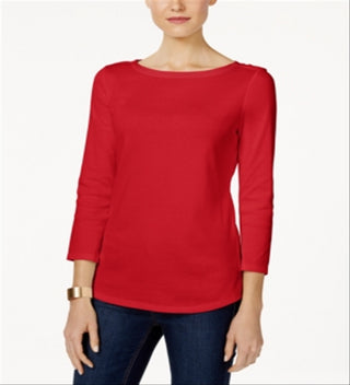 Charter Club Women's Pima Cotton Boat Neck Button Shoulder Top Red Size M