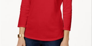 Charter Club Women's Pima Cotton Boat Neck Button Shoulder Top Red Size M