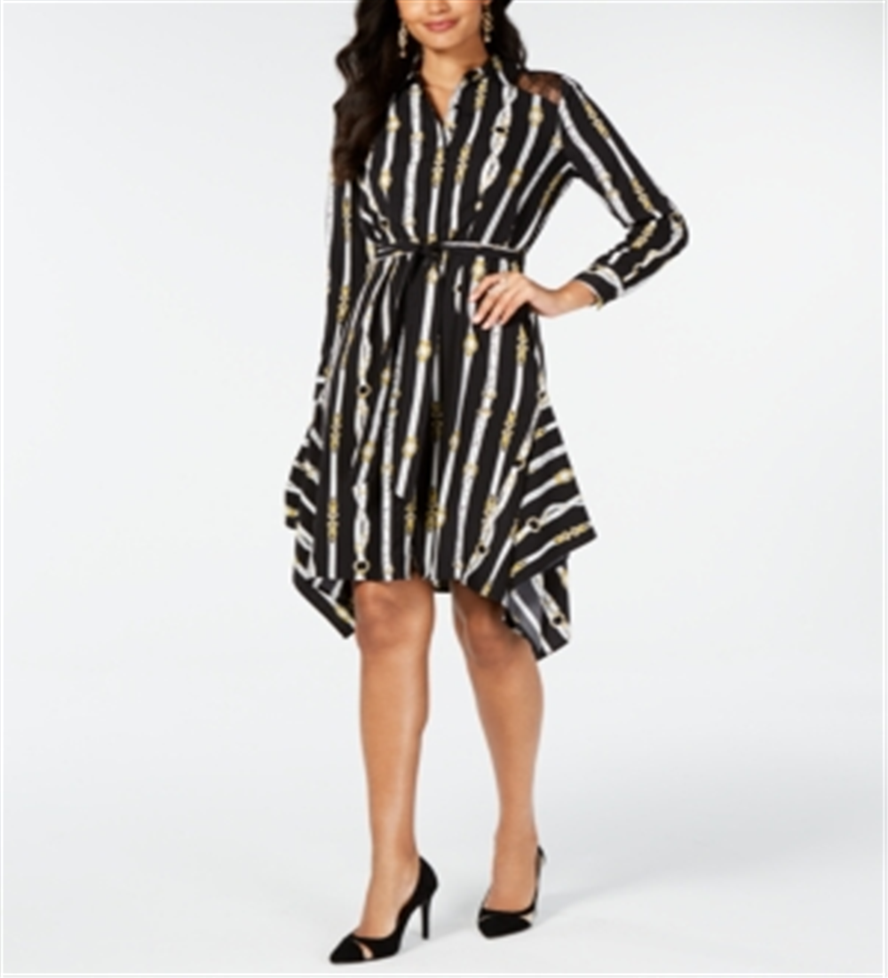 Thalia Sodi Women's Printed Handerkerchief Hem Shirtdress Black Size L
