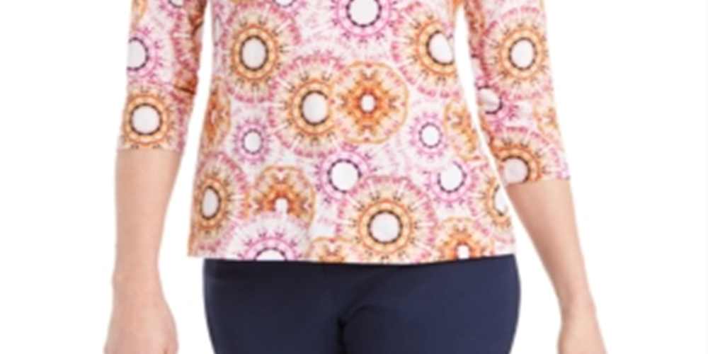 JM Collection Women's Printed 3/4 Sleeve Jacquard Top Pink Size 2XL