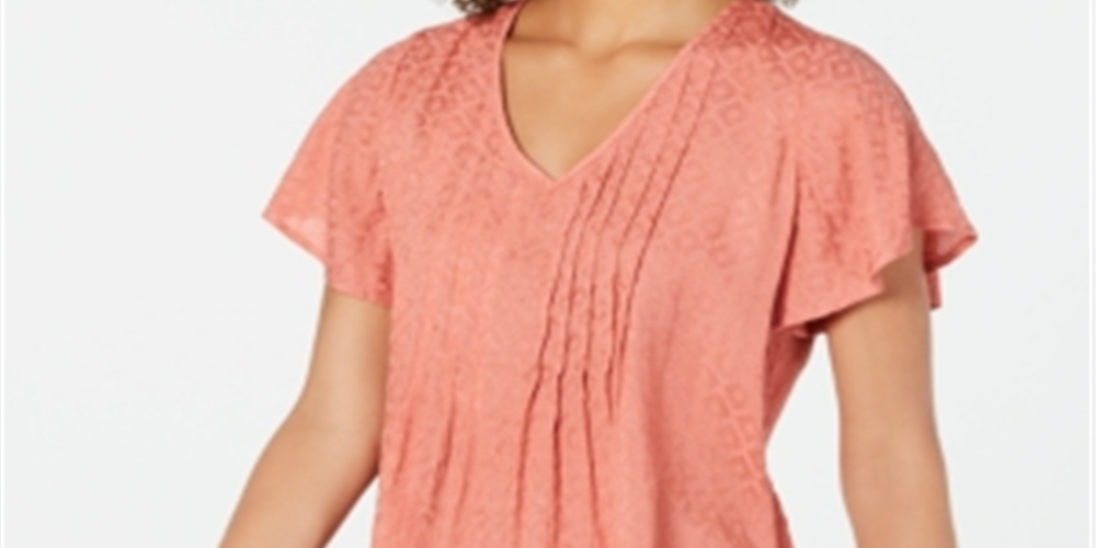 Style & Co Women's Coral Ruffled Cap Sleeve V Neck Top Orange Size Petite