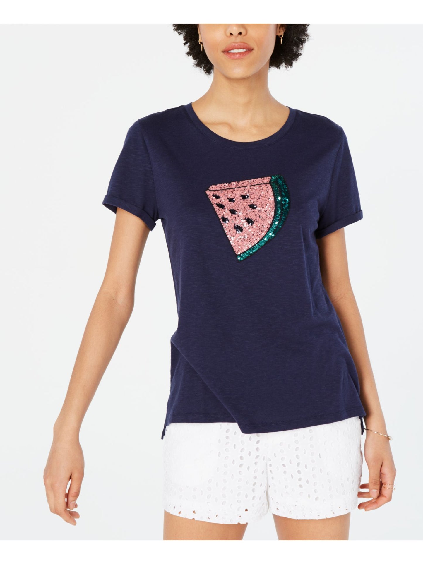 Maison Jules Women's Sequined Printed Short Sleeve Crew Neck T-Shirt Top Blue Size Large