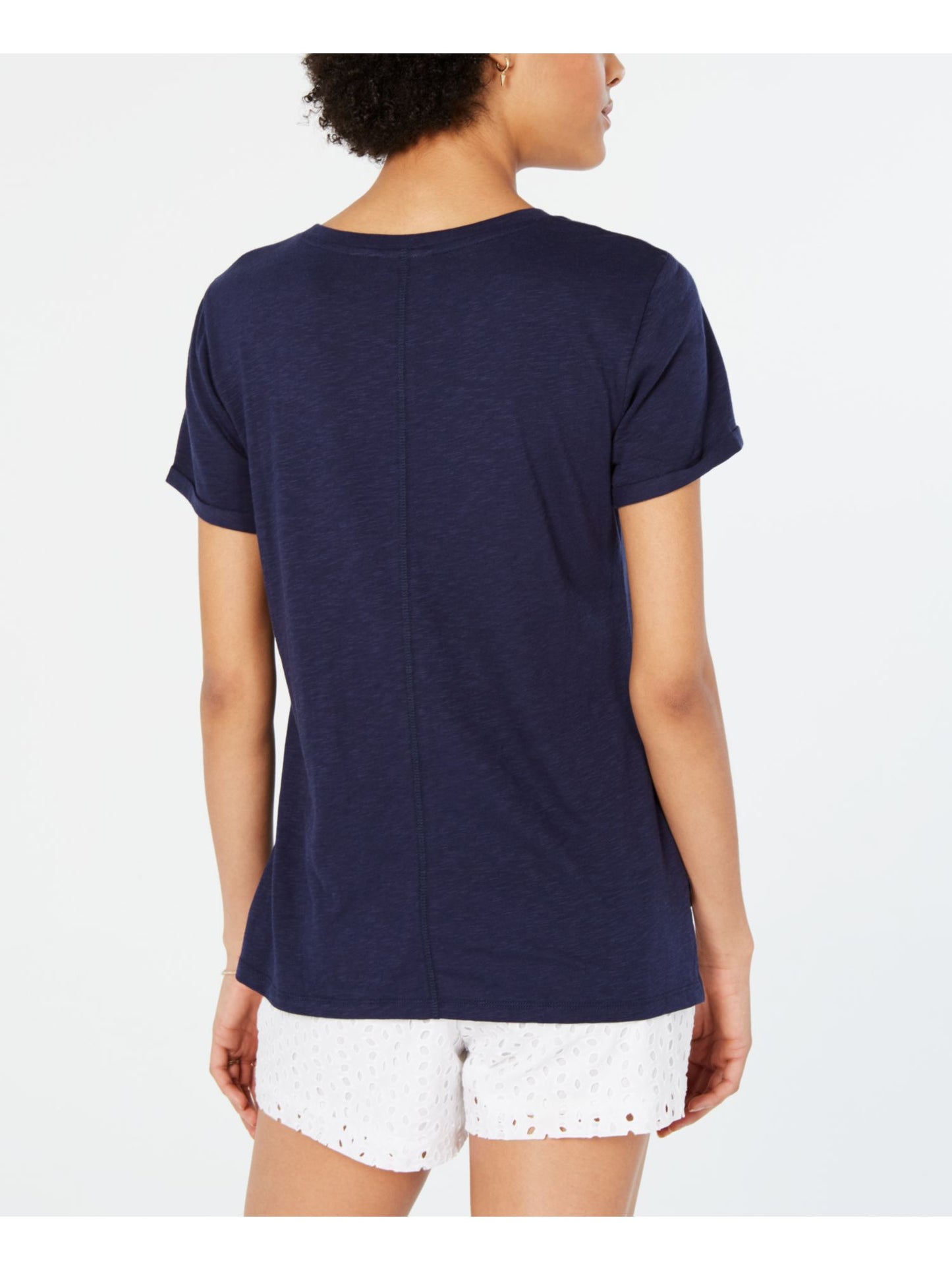 Maison Jules Women's Sequined Printed Short Sleeve Crew Neck T-Shirt Top Blue Size Large