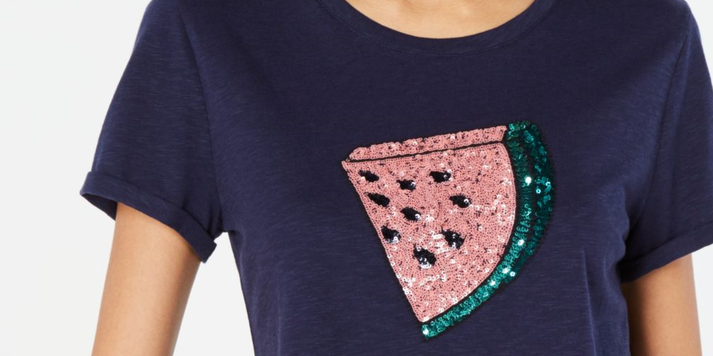 Maison Jules Women's Sequined Printed Short Sleeve Crew Neck T-Shirt Top Blue Size Large