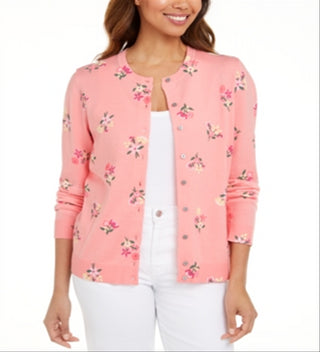 Karen Scott Women's Floral Print Cardigan Pink Size Large