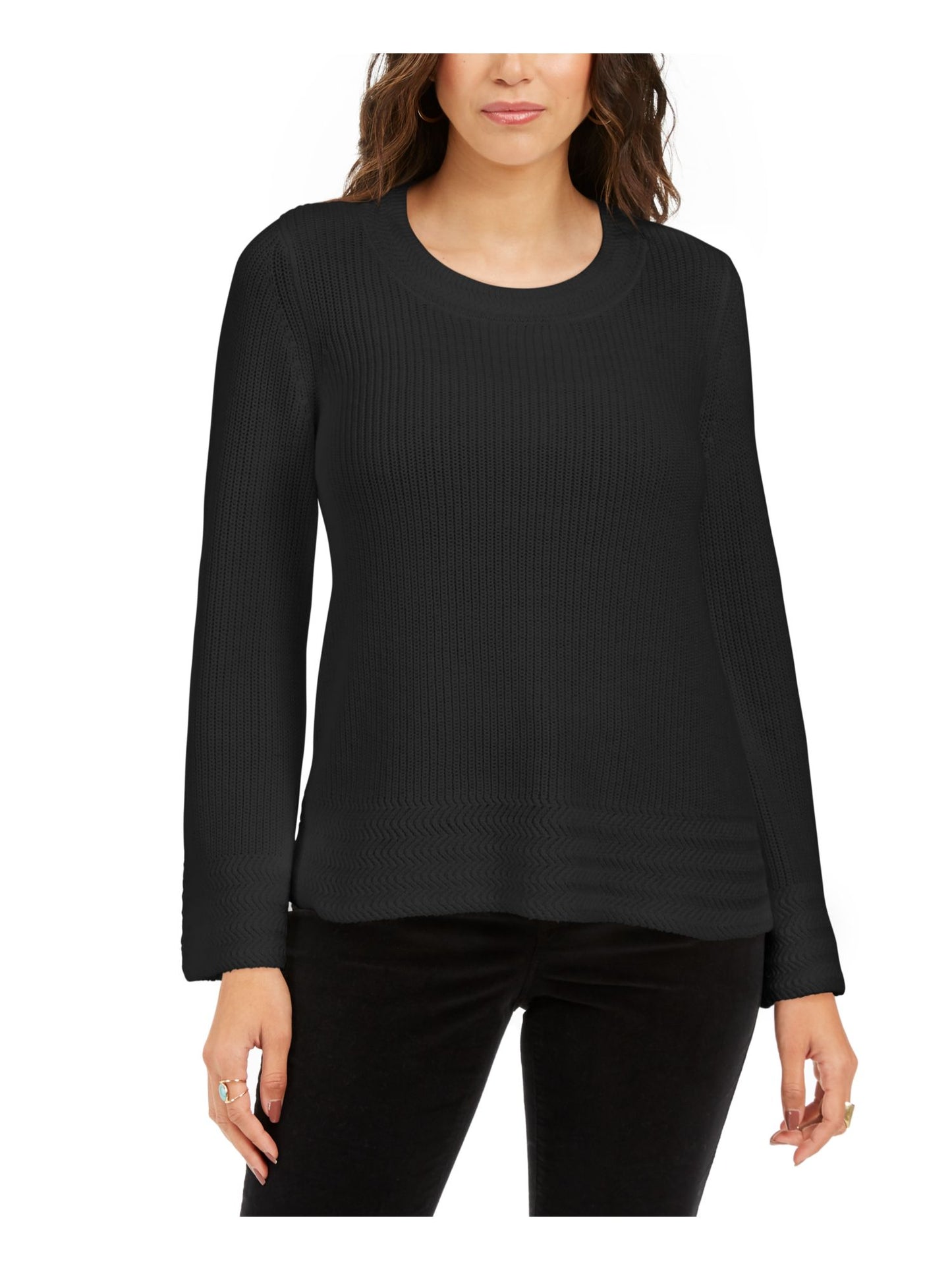 Style & Co Women's Textured Knitted Printed Long Sleeve Scoop Neck T-Shirt Sweater Black Size Petite