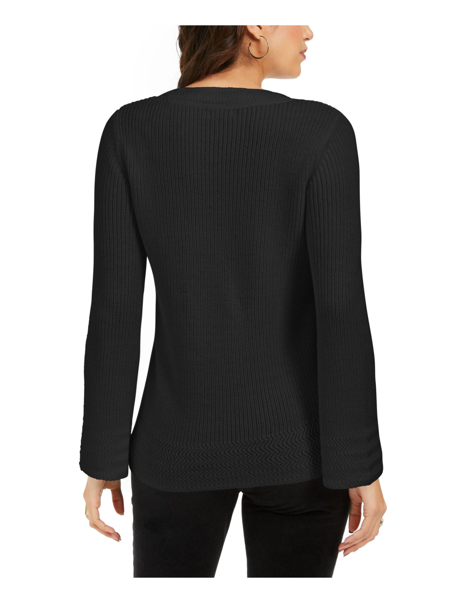 Style & Co Women's Textured Knitted Printed Long Sleeve Scoop Neck T-Shirt Sweater Black Size Petite