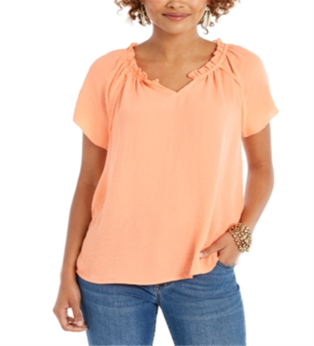 Style & Co Women's Ruffled Trim Flutter Sleeve Top Orange Size Petite S
