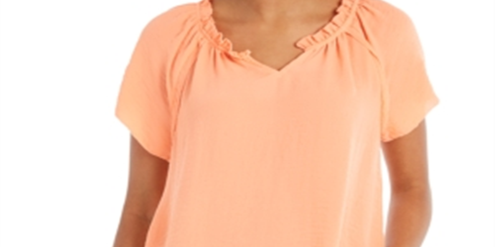 Style & Co Women's Ruffled Trim Flutter Sleeve Top Orange Size Petite S