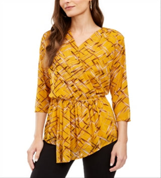 Alfani Women's  3/4 Sleeve Printed Tunic Yellow Size Petite L
