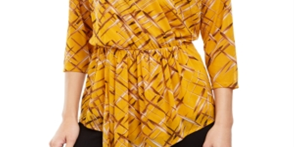 Alfani Women's  3/4 Sleeve Printed Tunic Yellow Size Petite L