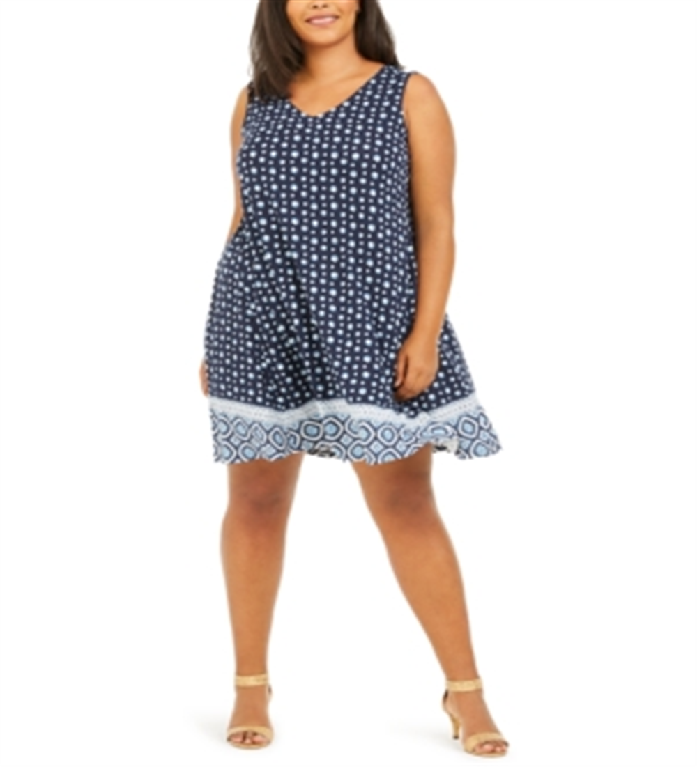 Style & Co Women's Plus Printed Cross Back Swing Dress Blue Size XL