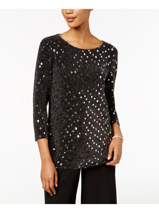 MSK Women's Sequined Long Sleeve Jewel Neck Top Black Size Petite Small