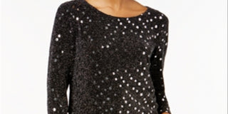 MSK Women's Sequined Long Sleeve Jewel Neck Top Black Size Petite Small