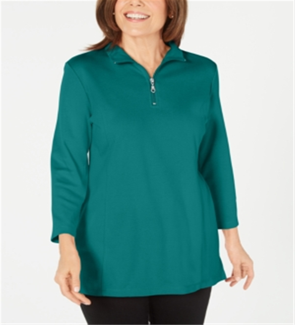 Karen Scott Women's Cotton Half Zip Mock Neck Top Green Size Large
